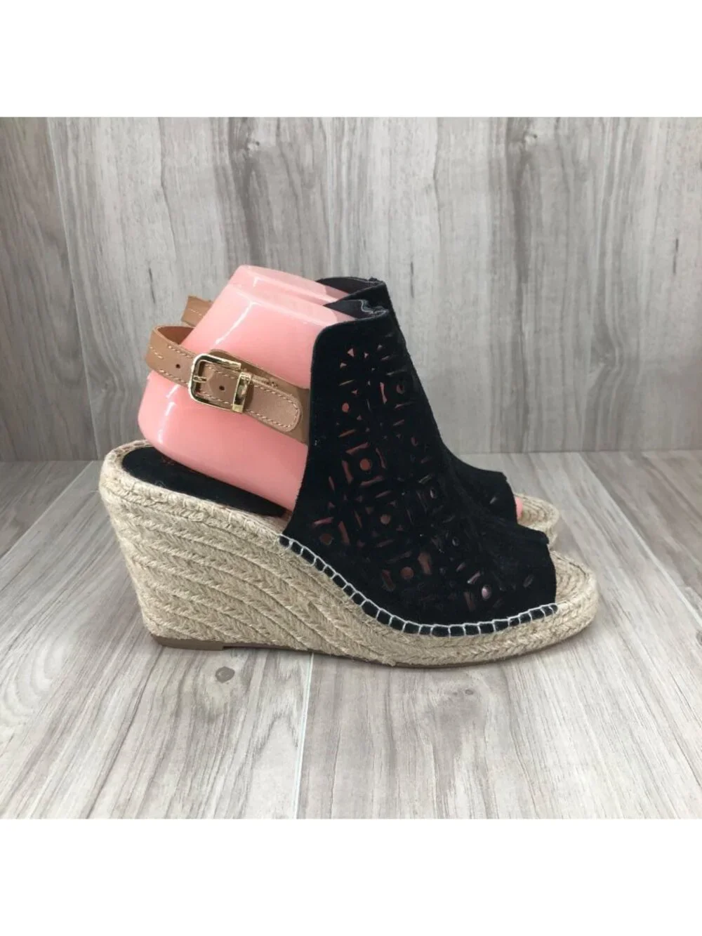 Seychelles Wedge Sandals Womens 8.5 Black Suede Buckle Stap Espadrille Shoes